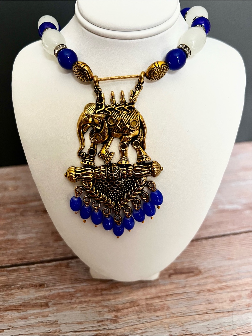 Indian Gold Tone Elephant Pendant Necklace with Blue Beads - Women Jewelry